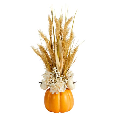 21-in Autumn Dried Wheat and Pumpkin Artificial Fall Arrangement in Decorative Pumpkin Vase