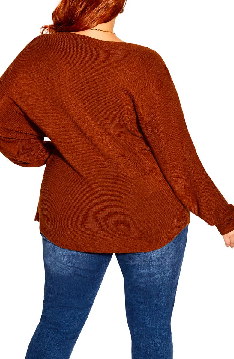 City Chic Romance One-Shoulder Sweater, Alternate, color, Chocolate