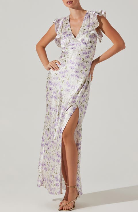 Floral Flutter Sleeve Satin Maxi Dress