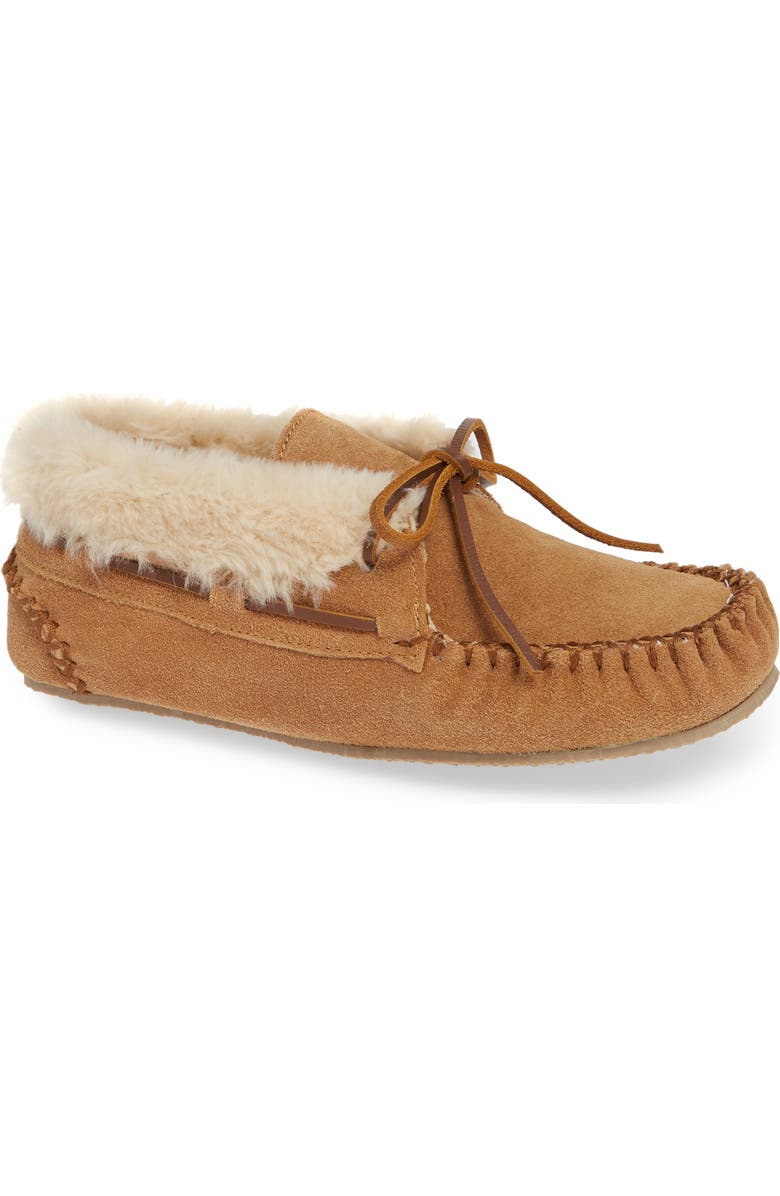 Minnetonka Chrissy Slipper Bootie, Main, color, Cinnamon Suede