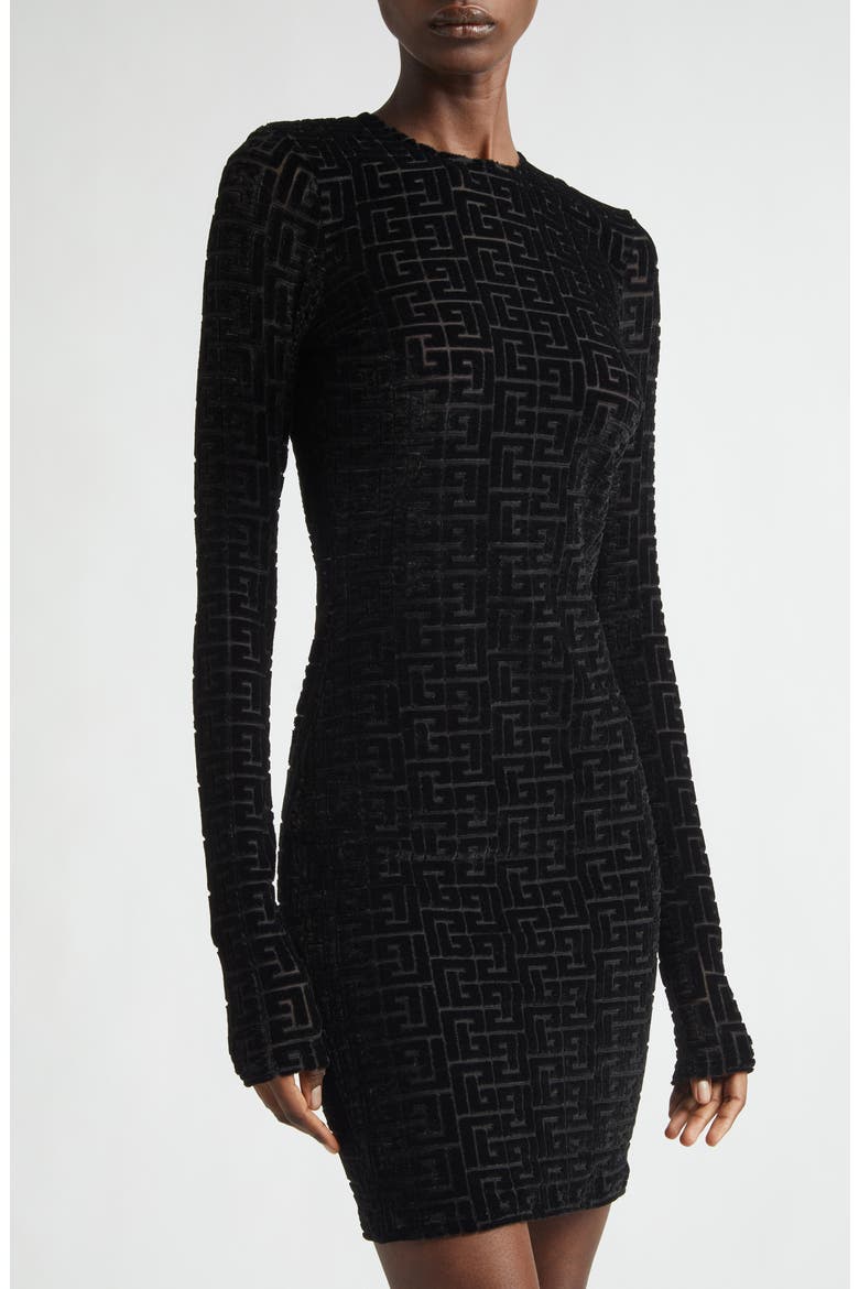 Monogram Jacquard Open Back Long Sleeve Devoré Velvet Body-Con Minidress, Alternate, color, BLACK/ BLACK