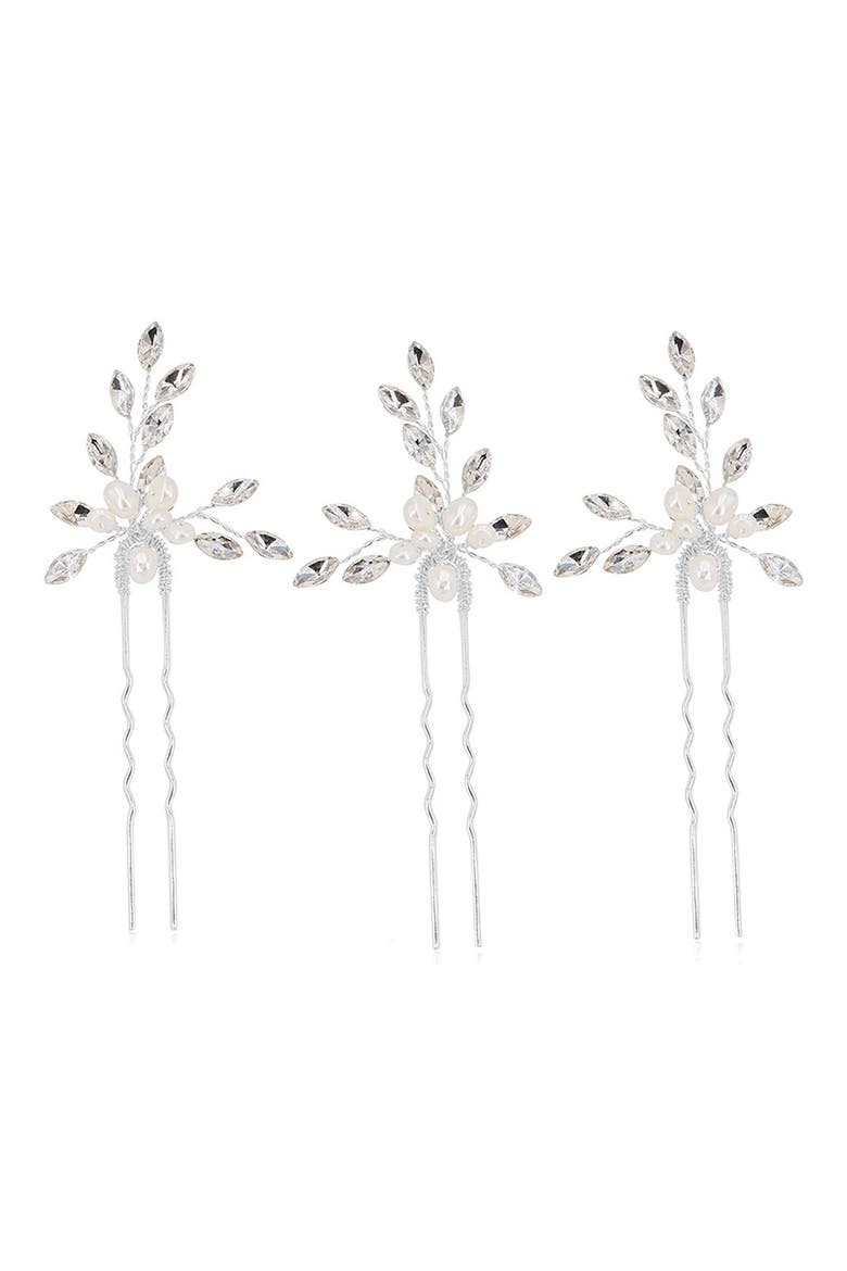 Agapi Set of 4 Pearl & Crystal Hair Pins, Main, color, SILVER