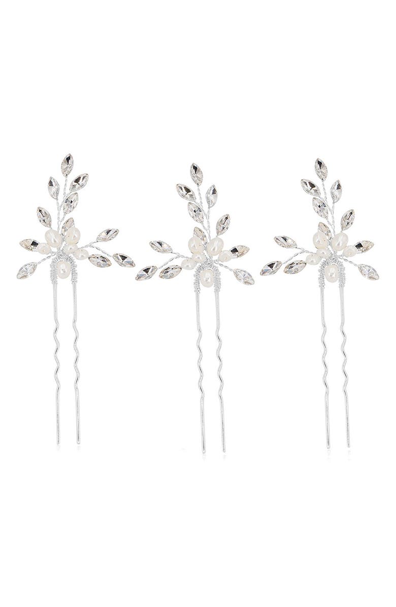Brides & Hairpins Agapi Set of 4 Pearl & Crystal Hair Pins, Main, color, Silver