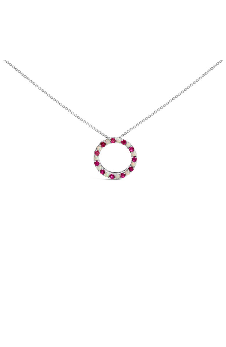 Haus of Brilliance .925 Sterling Silver Alternating Created Red Ruby and Opal Circle Pendant Necklace, Alternate, color, White
