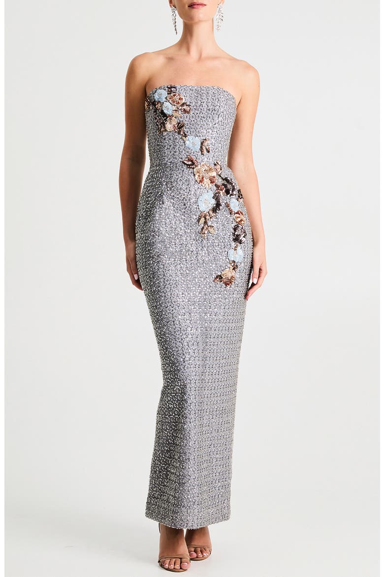 Silvia Floral Sequin Strapless Cocktail Dress, Main, color, PLATINUM