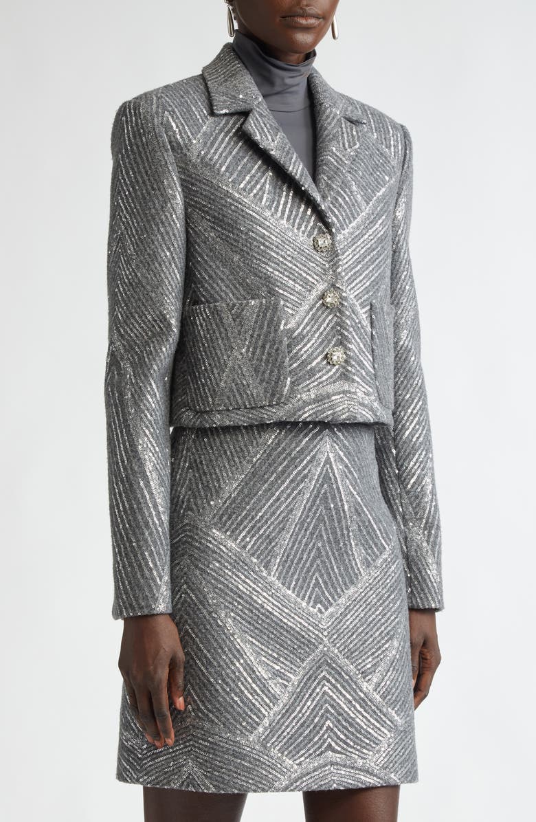 ST. JOHN Sequin Chevron Embellished Jacket, Alternate, color, Grey Melange/ Silver
