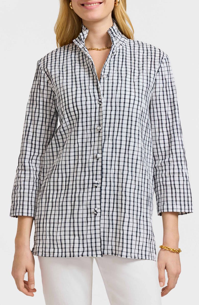 Foxcroft Carolina Crinkled Gingham Cotton Blend Shirt Jacket, Main, color, White/ Black