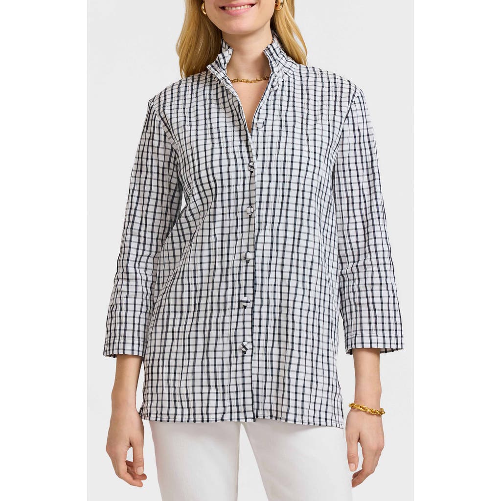 Foxcroft Carolina Crinkled Gingham Cotton Blend Shirt Jacket In White/black