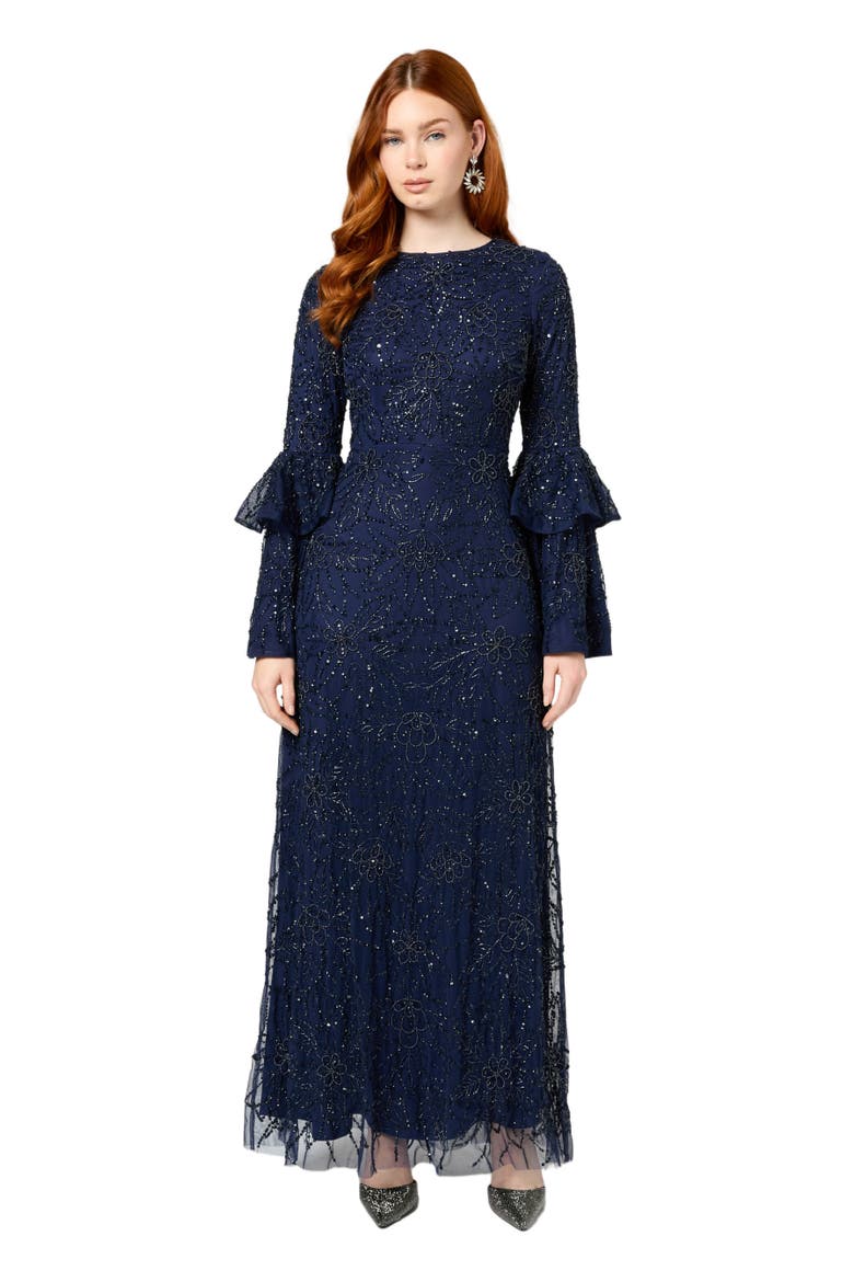 Modest Embellished Sequin Beaded Maxi Dress With Frilled Sleeves, Main, color, MID NIGHT BLUE