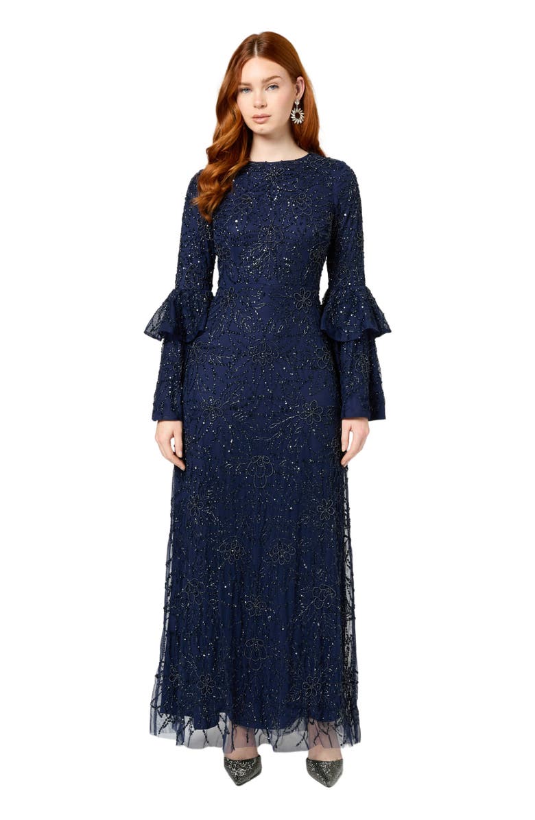 MARYISA Modest Embellished Sequin Beaded Maxi Dress With Frilled Sleeves, Main, color, Mid Night Blue