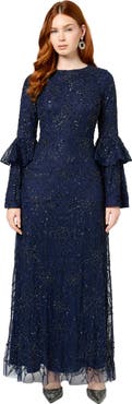 MARYISA Modest Embellished Sequin Beaded Maxi Dress With Frilled Sleeves