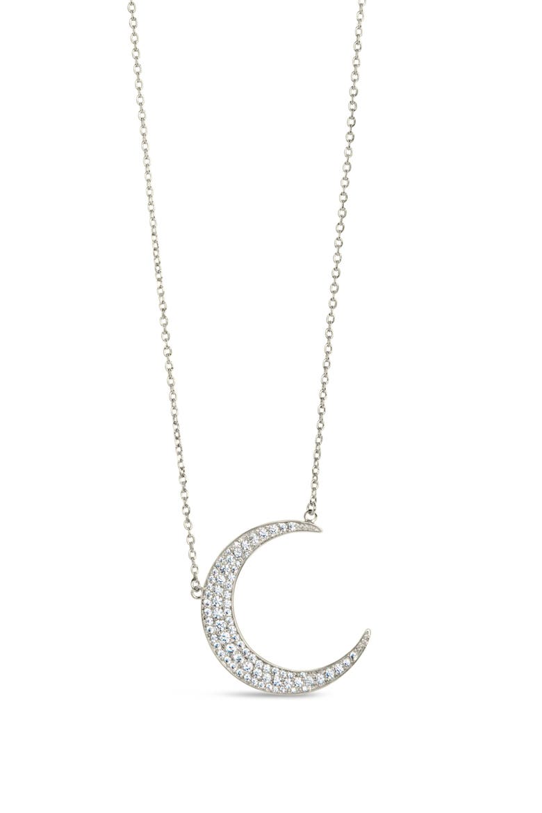 Stationed Cubic Zirconia Crescent Pendant Necklace, Main, color, SILVER