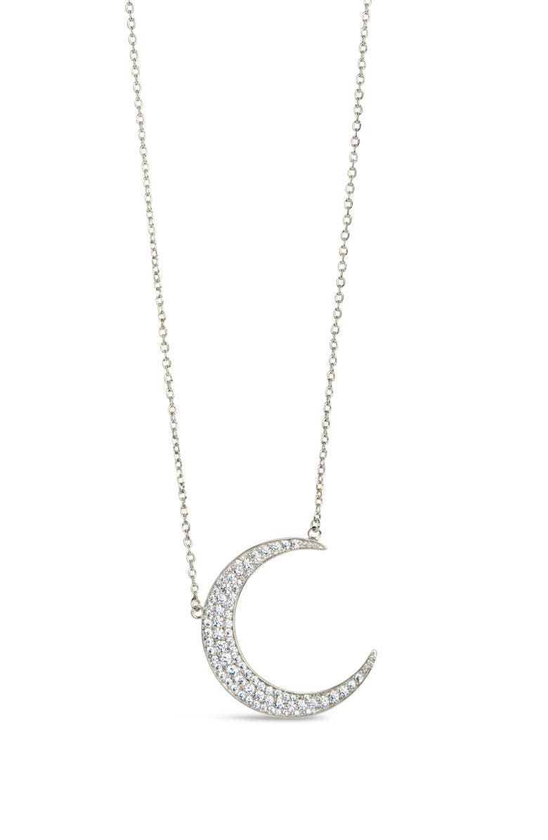 Sterling Forever Stationed Cubic Zirconia Crescent Pendant Necklace, Main, color, Silver