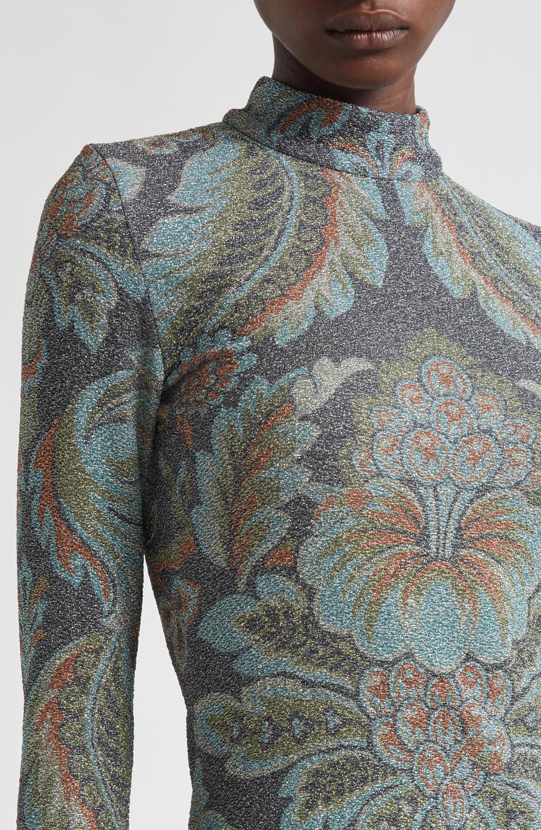 Etro Paisley Metallic Long Sleeve Body-Con Dress, Alternate, color, Printed Black Base