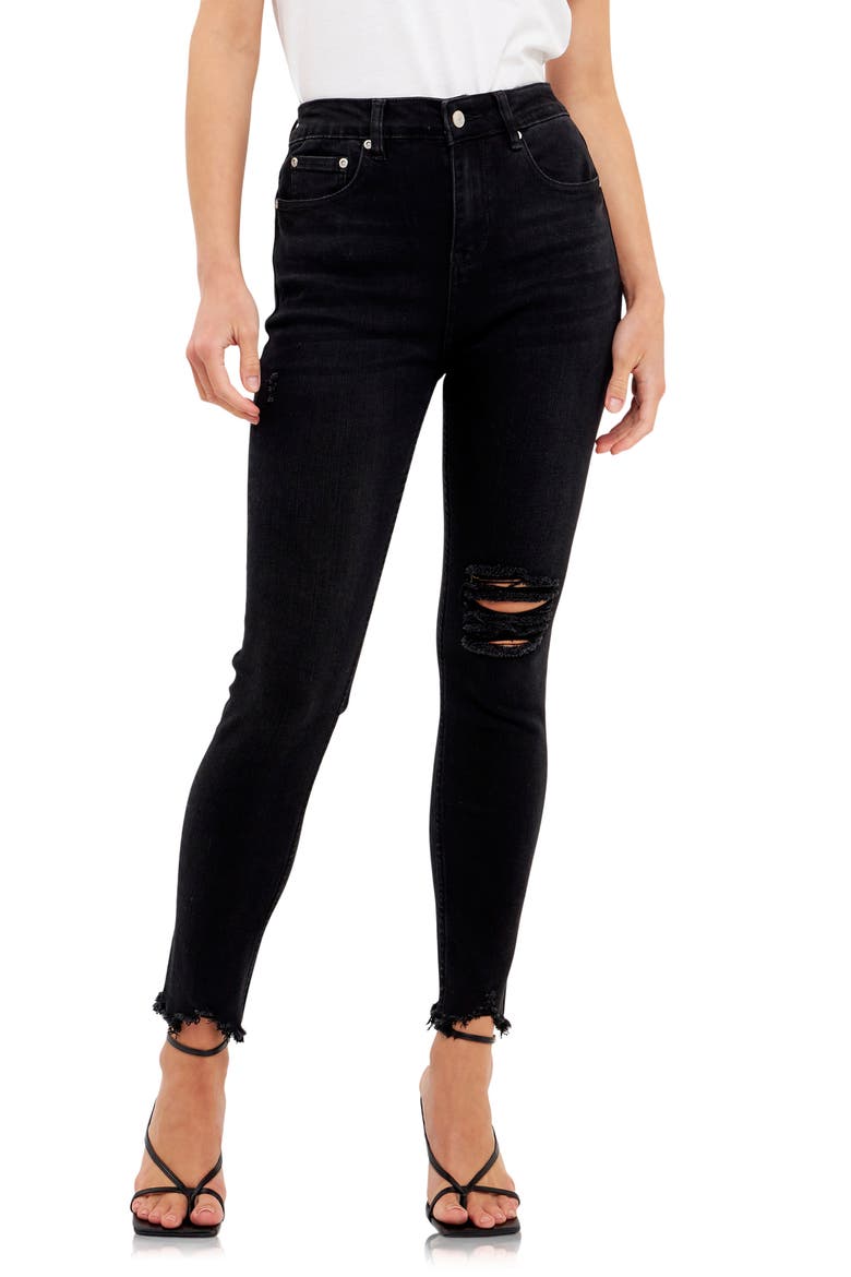 Destroyed Raw Hem Skinny Jeans, Main, color, BLACK