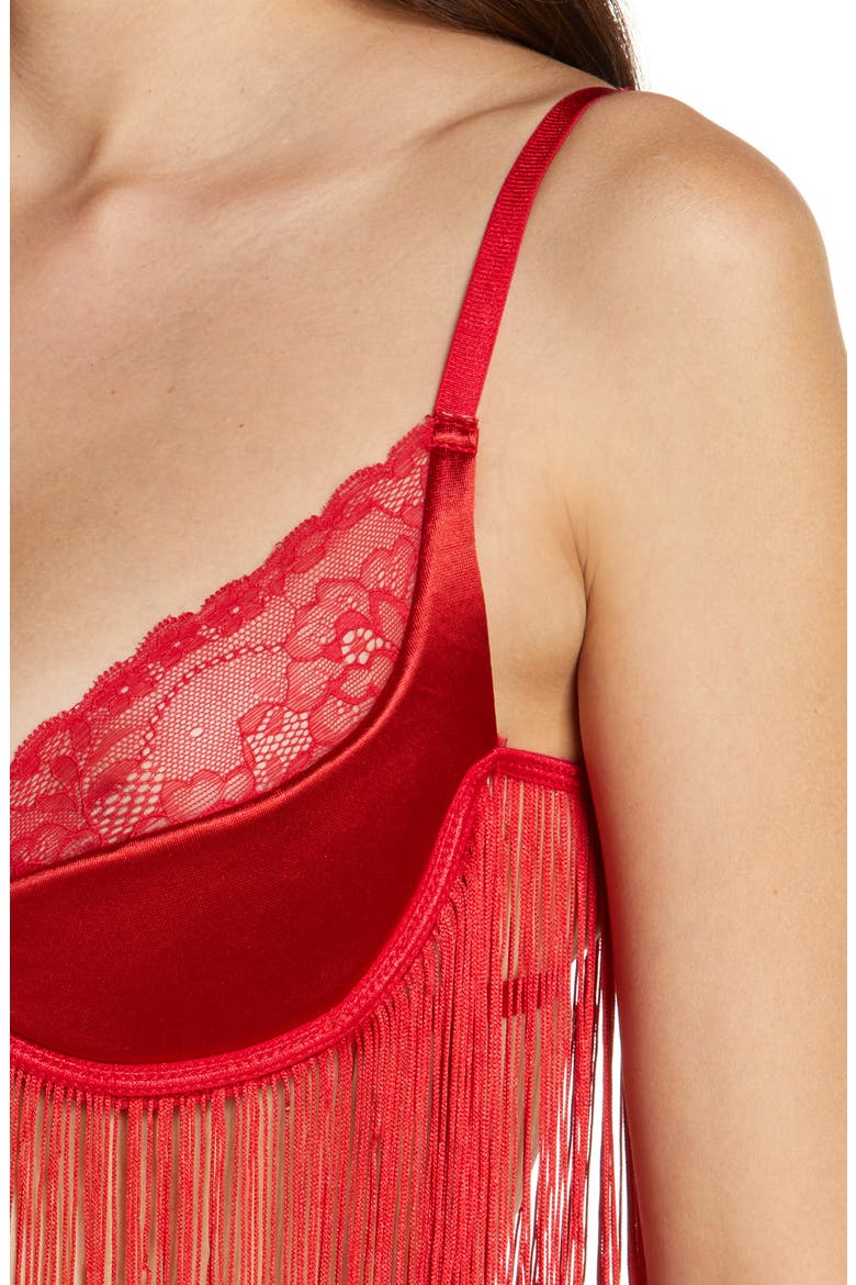 Lace & Fringe Underwire Bra & G-String Thong, Alternate, color, RED