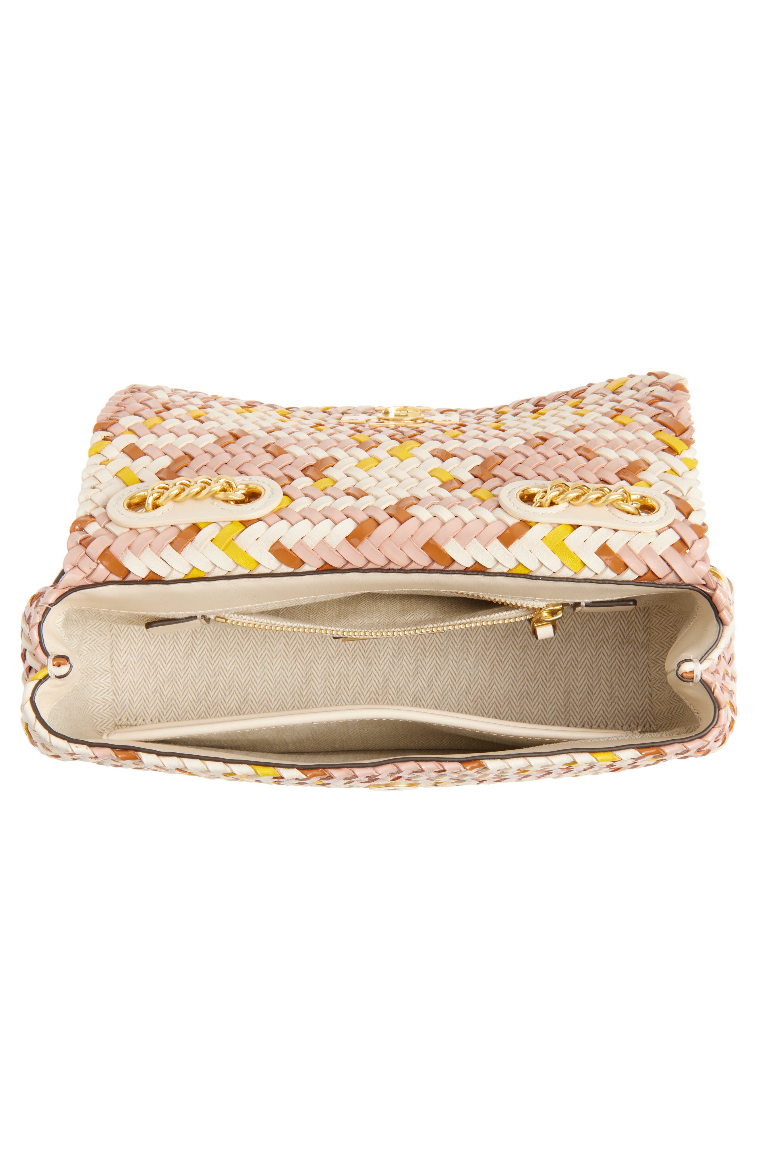 Tory Burch Small Kira Woven Leather Crossbody Bag, Alternate, color, Pink Moon/ Cream/ Goldfinch