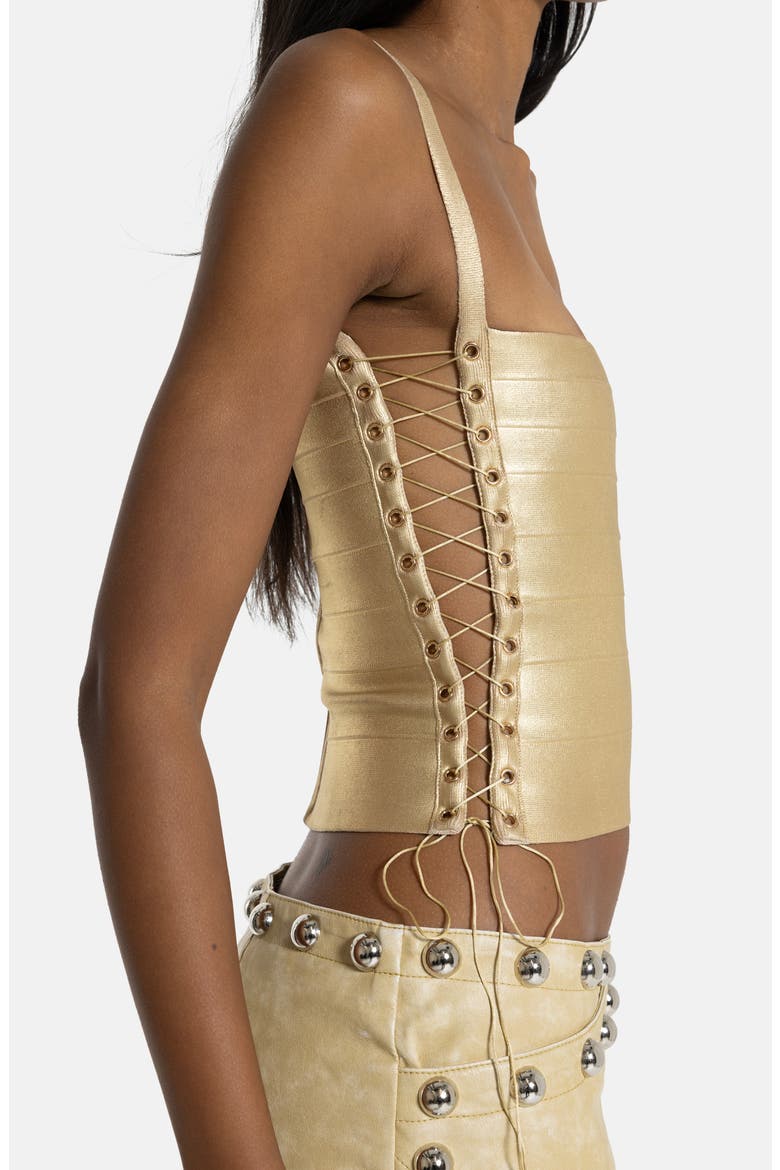 Metallic Lace-Up Bandage Top, Alternate, color, BEIGE
