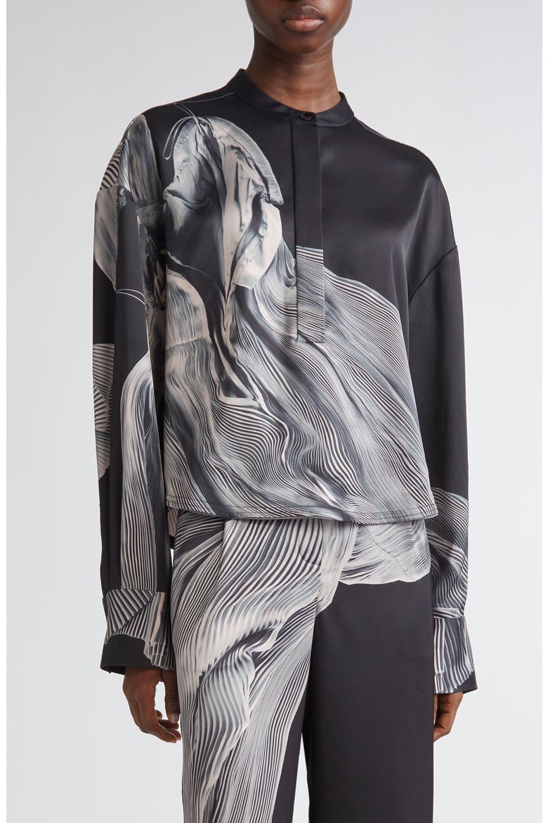 Oversize Dancing Pleat Print Satin Popover Shirt, Main, color, BLACK / LIGHT PINK MULTI