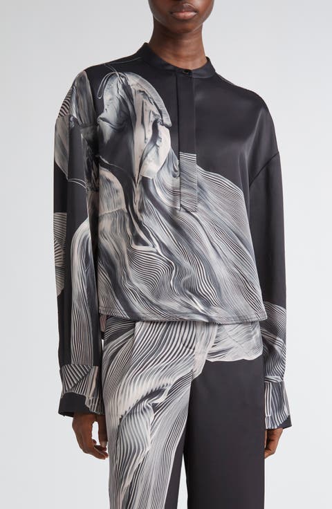 Oversize Dancing Pleat Print Satin Popover Shirt