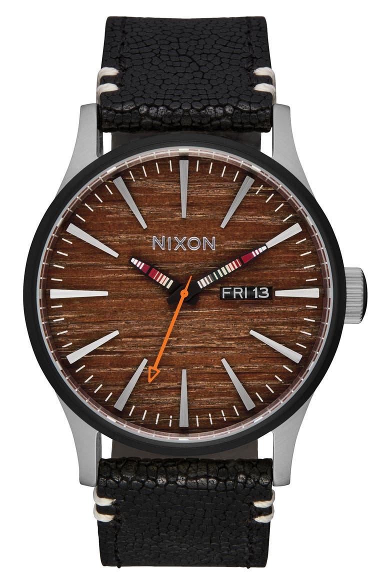 The Sentry Leather Strap Watch, 42mm, Main, color, SILVER / ROSEWOOD / BLACK