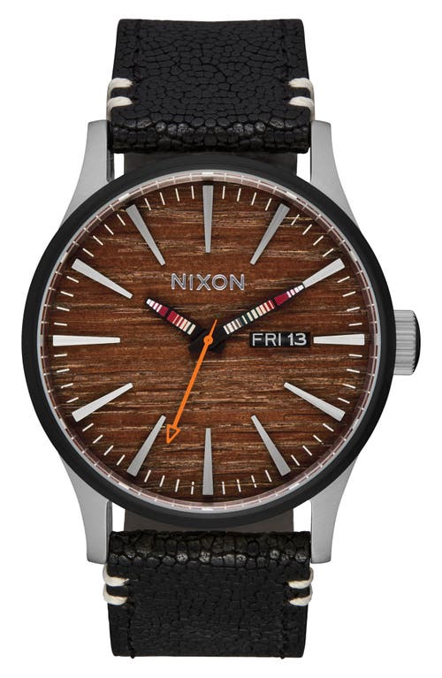 Nixon The Sentry Leather Strap Watch, 42mm in Silver/rosewood/black at Nordstrom