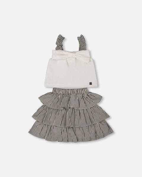 Little Girl's Bow Top And Ruffled Skirt Set White And Black Striped