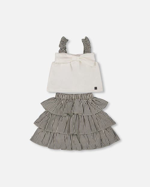 DEUX PAR DEUX DEUX PAR DEUX LITTLE GIRL'S BOW TOP AND RUFFLED SKIRT SET WHITE AND BLACK STRIPED