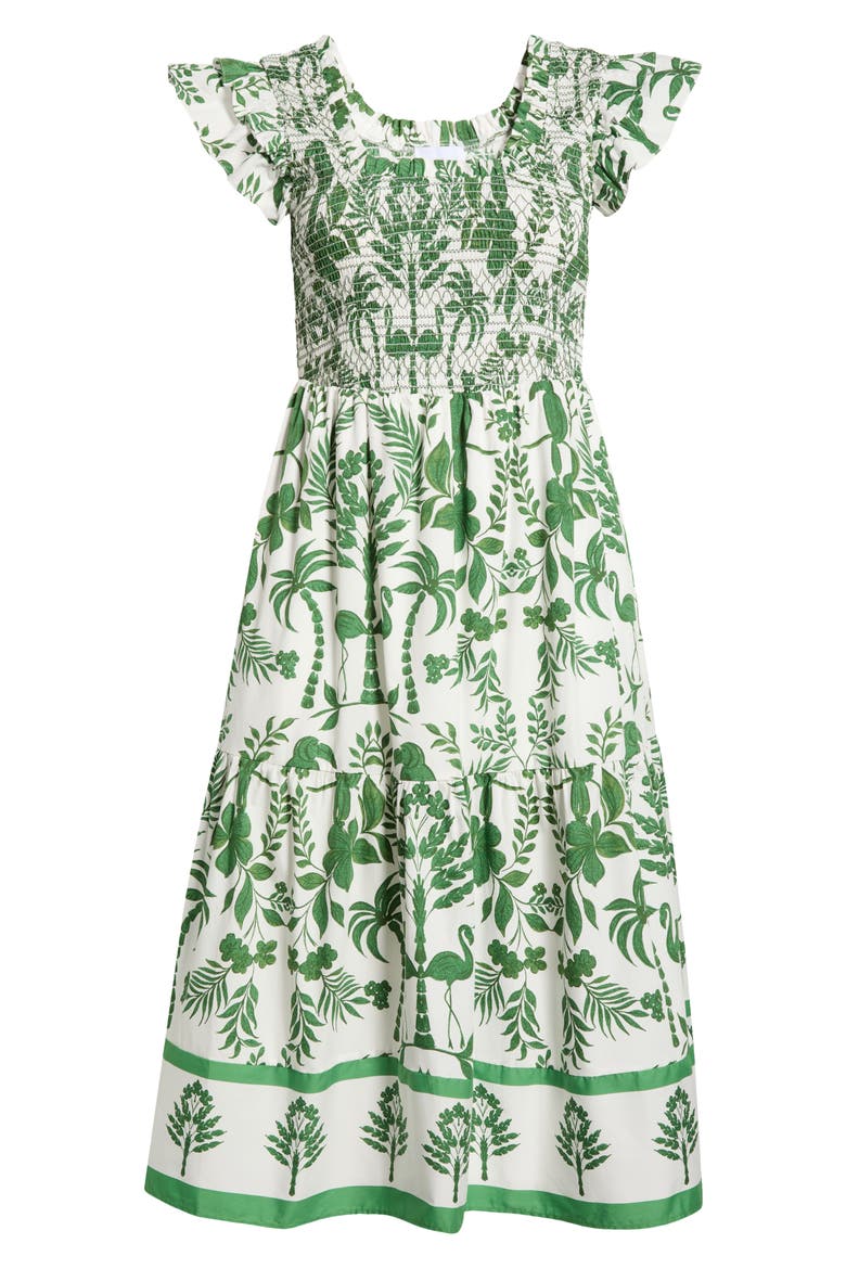 Double Ruffle Smocked Bodice Midi Sundress, Alternate, color, WHITE/ GREEN