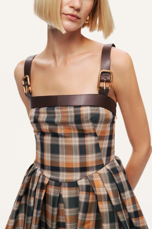 Nocturne Plaid Pleated Maxi Dress With Faux Leather Belt In Multi