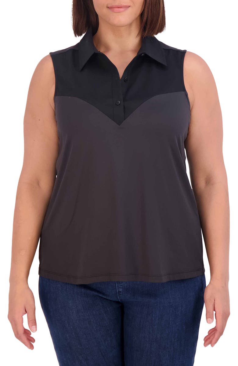 Foxcroft Ricki Mixed Media Sleeveless Button-Up Shirt, Main, color, Black