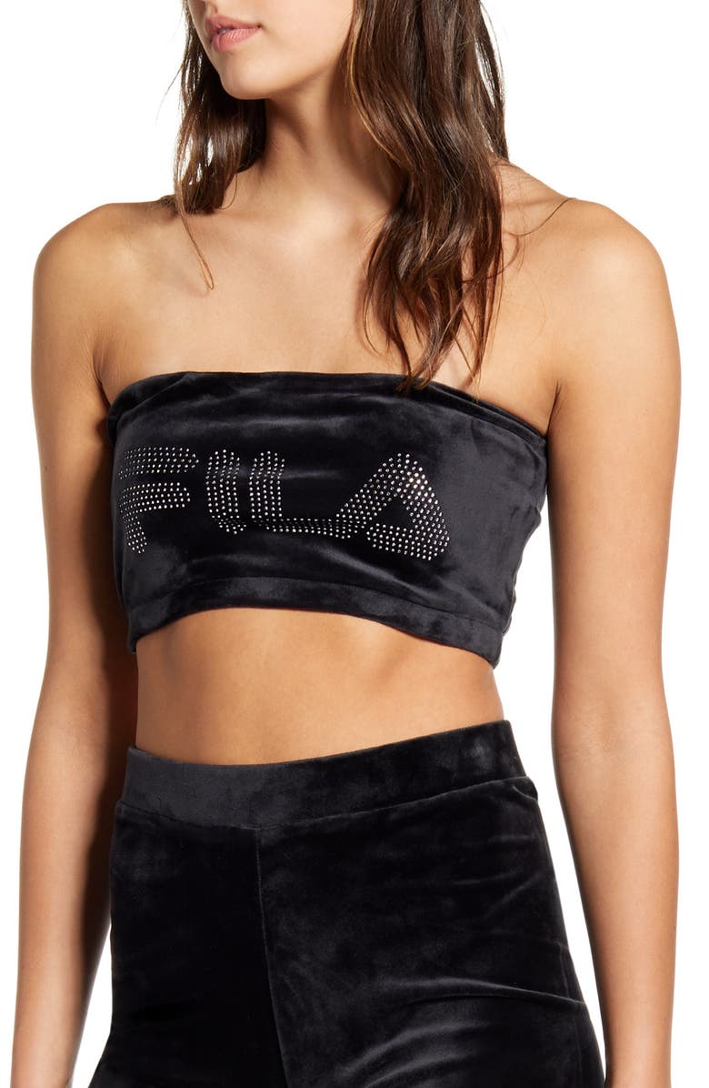 FILA Iman Rhinestone Logo Graphic Velvet Bandeau Top, Main, color, 