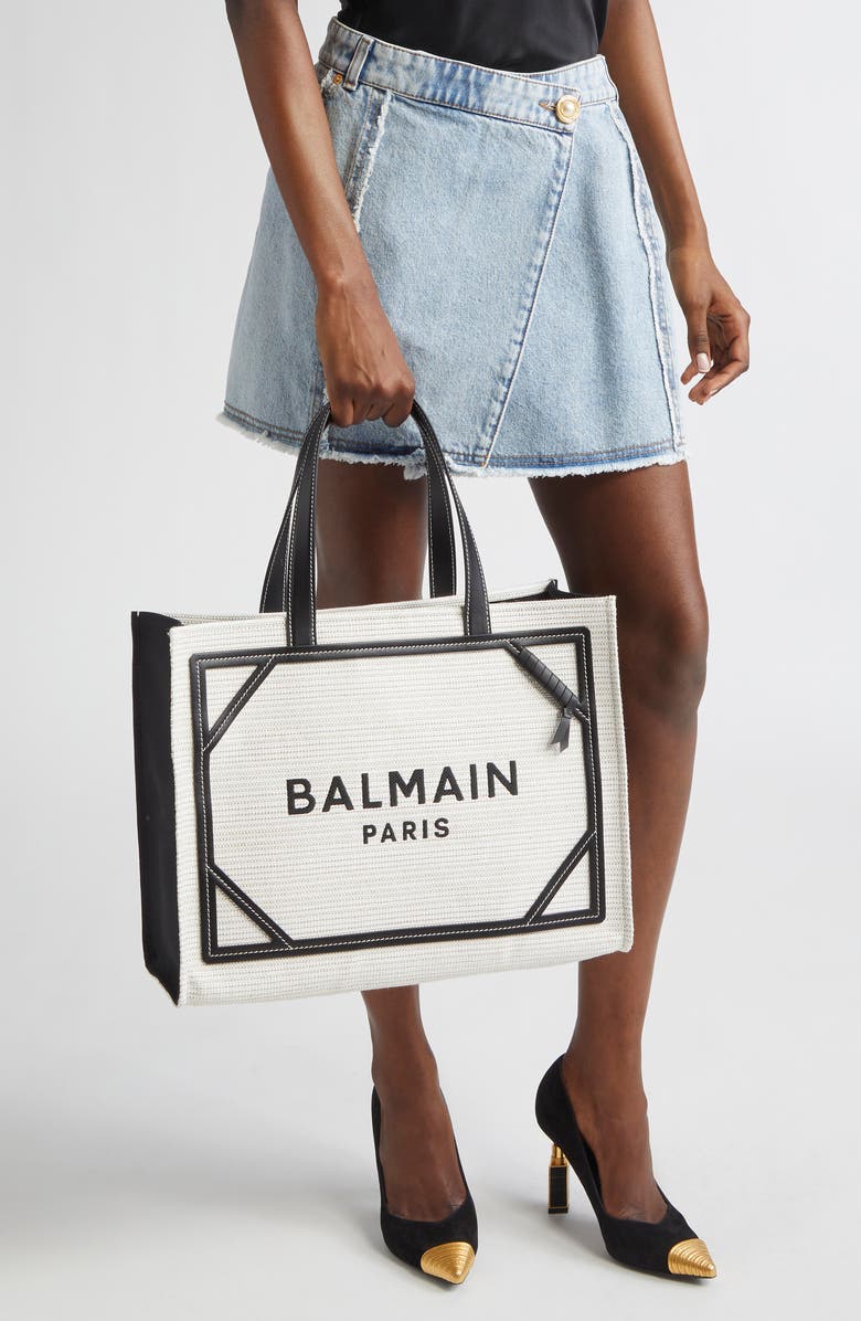 Balmain Medium B-Army Raffia Shopper Tote, Alternate, color,