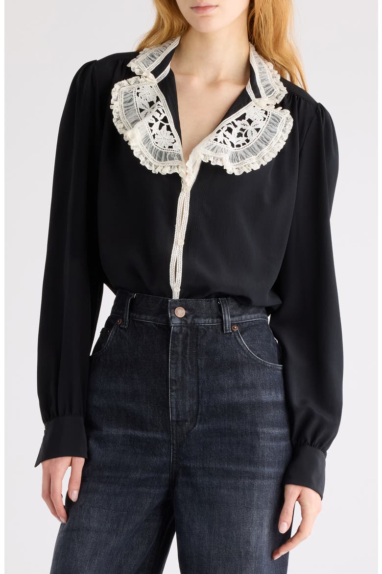 Silk Crêpe de Chine & Lace Ruffle Collar Button-Up Shirt, Main, color, BLACK