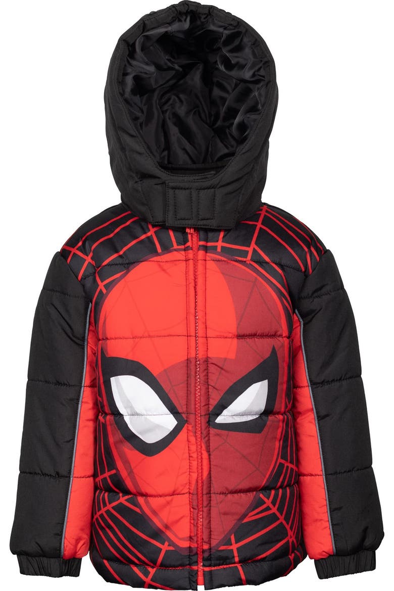 Spider-Man Hooded Zip-Up Puffer Jacket, Main, color, Spider Man Red Black