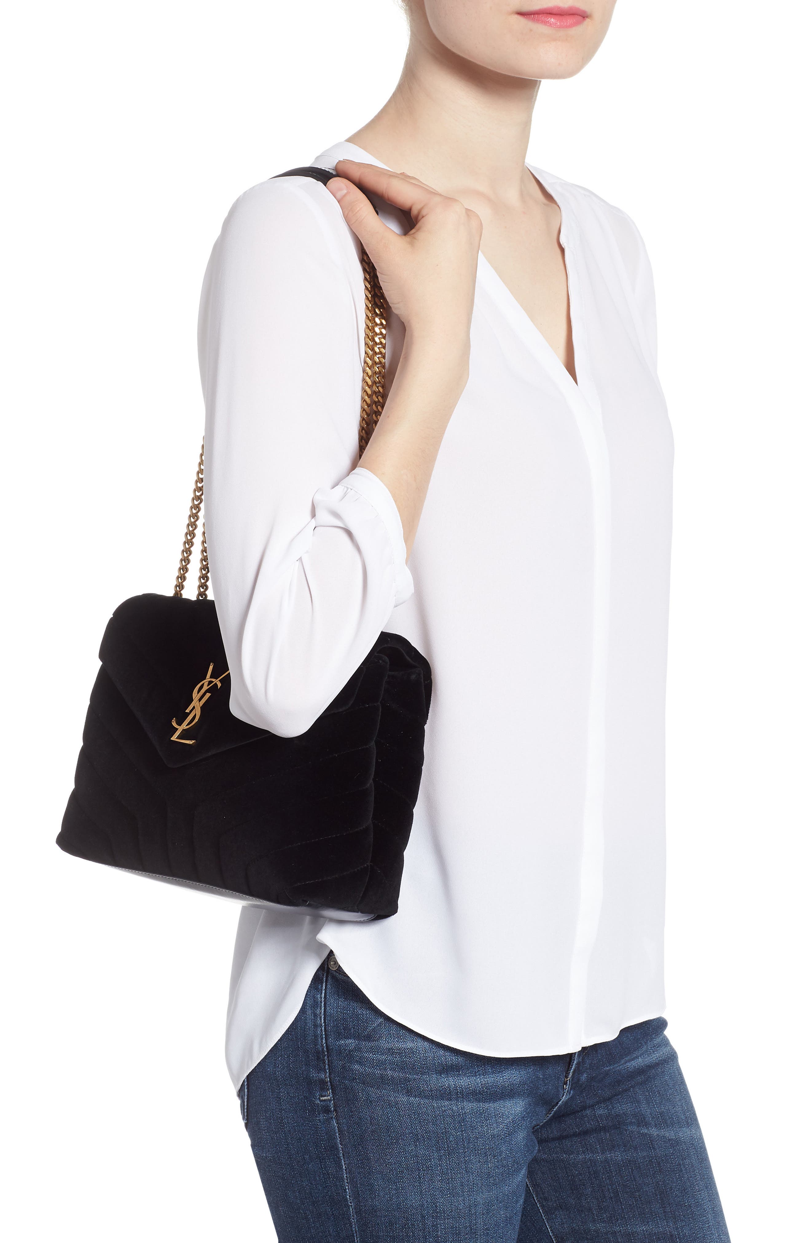 Saint Laurent Small Loulou Velvet Shoulder Bag, Alternate, color, 