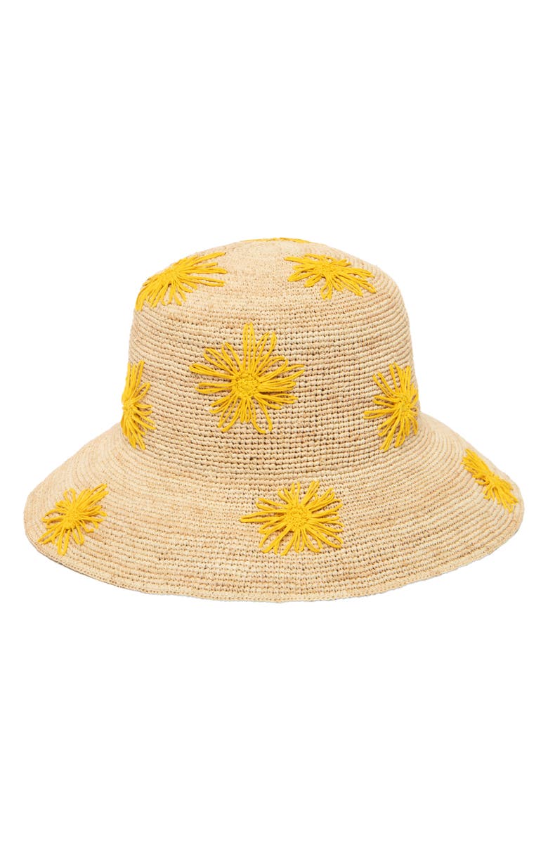 San Diego Hat Sol Embroidered Raffia Bucket Hat, Main, color, Yellow