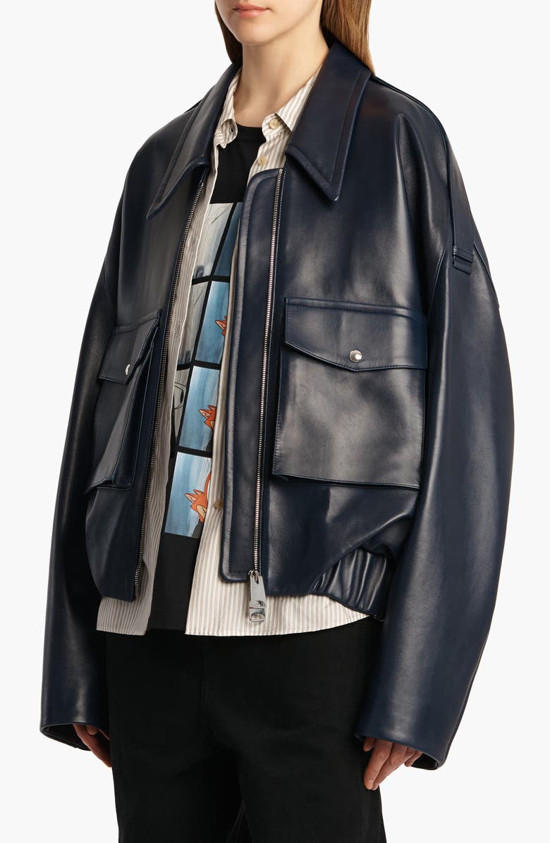 Khaite Owey Plongé Leather Bomber Jacket, Alternate, color, Dark Navy