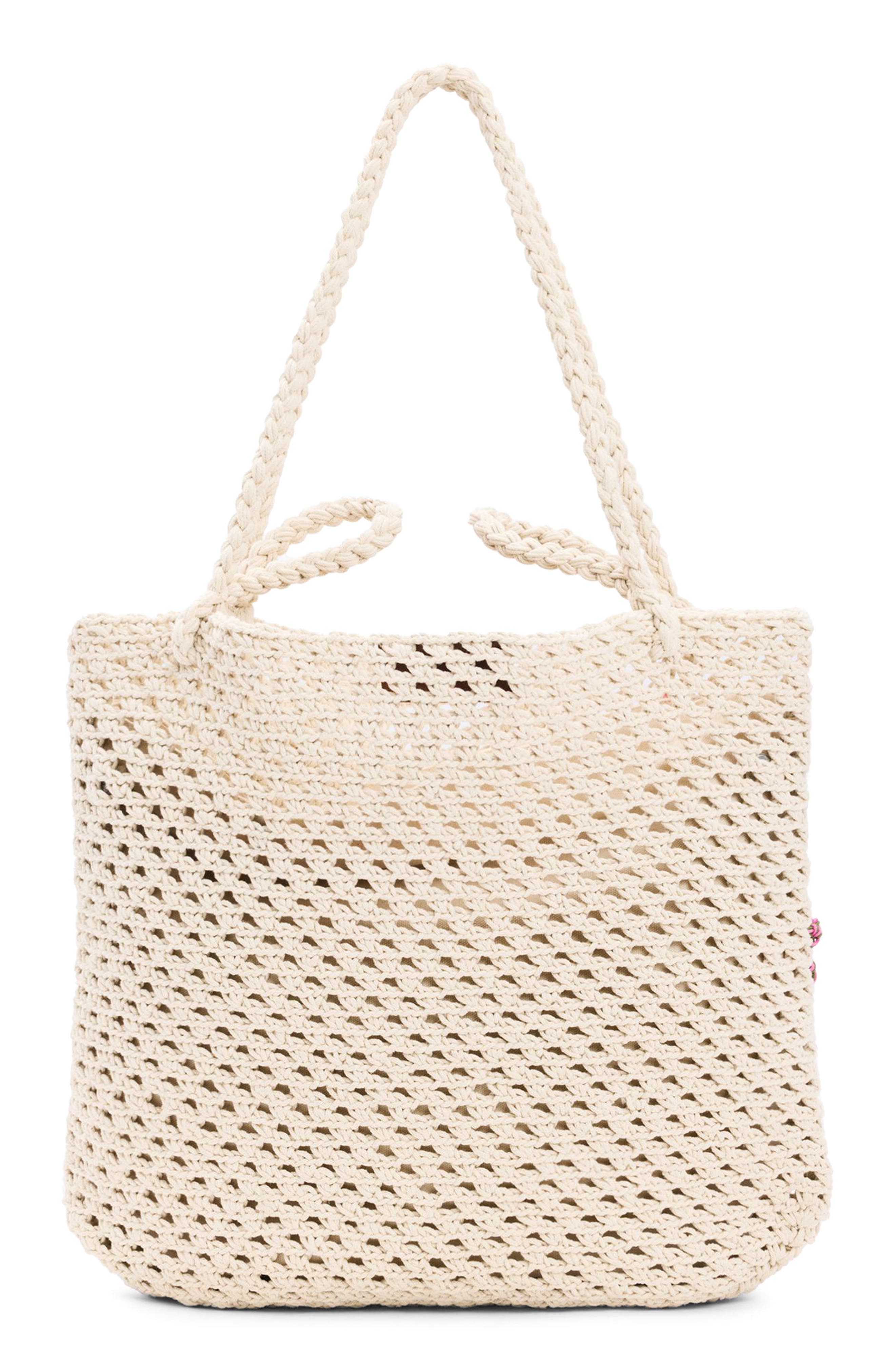 Desigual Floral Appliqué Open Knit Cotton Shoulder Bag, Alternate, color, Ivory Multi