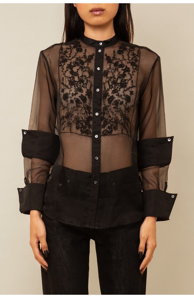 Contessa Mills Winifred Sheer Beaded Silk Organza Blouse, Main, color, Black