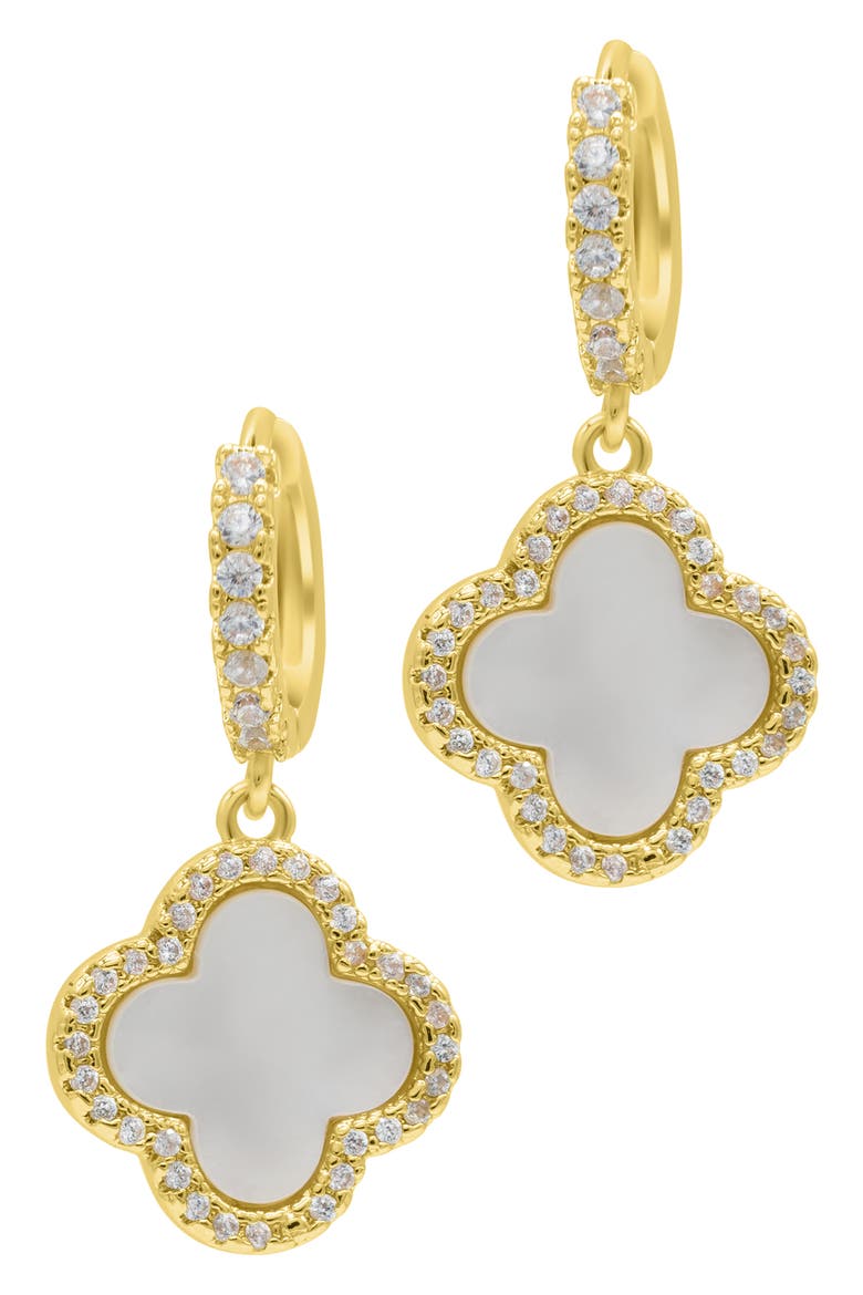 Crystal Halo Clover Hoop Earrings, Alternate, color, GOLD