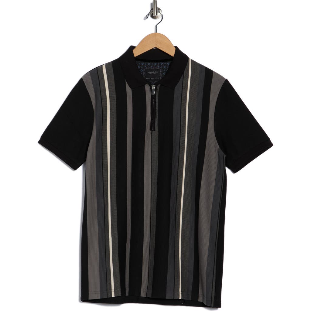 Cactus Man Vertical Stripe Zip Polo In Black