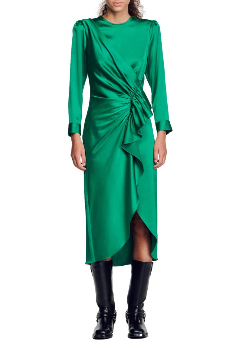 SANDRO Memphis Long Sleeve Satin Faux Wrap Dress, Main, color, 