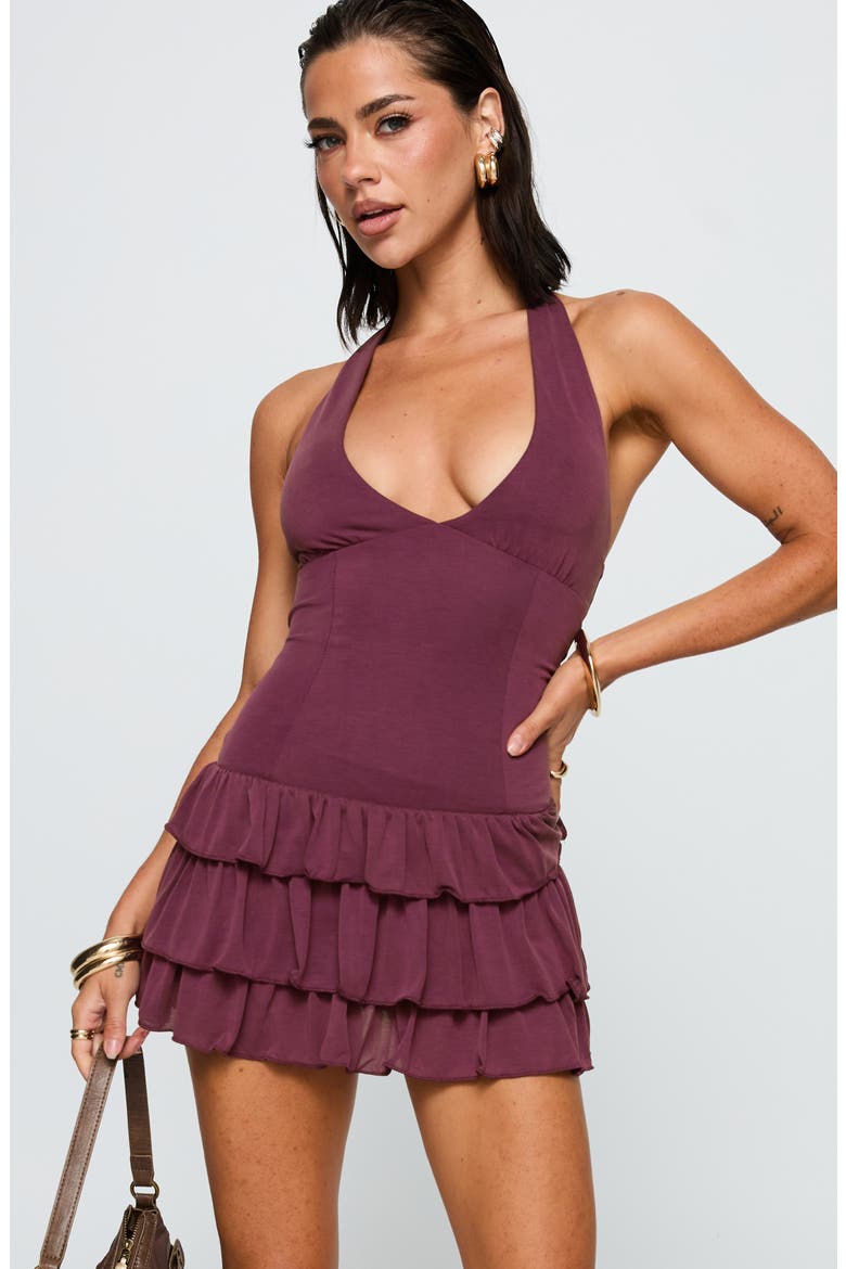 Under the Moonlight Ruffle Halter Minidress, Alternate, color, WINE