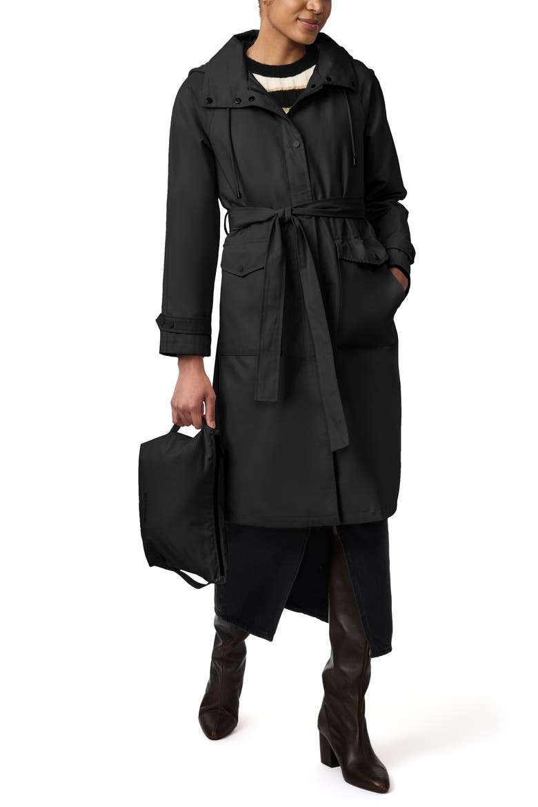 Water Resistant Tie Belt Packable Raincoat, Alternate, color, BLACK