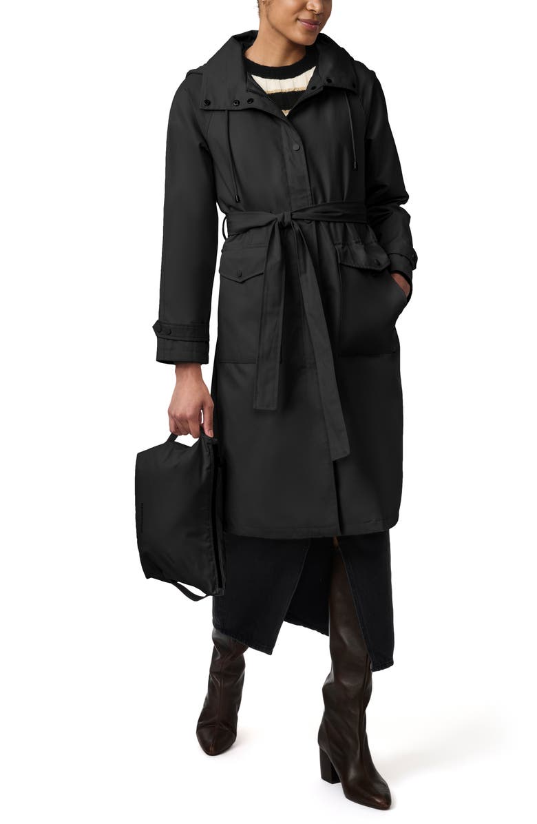 Bernardo Water Resistant Tie Belt Packable Raincoat, Alternate, color, Black