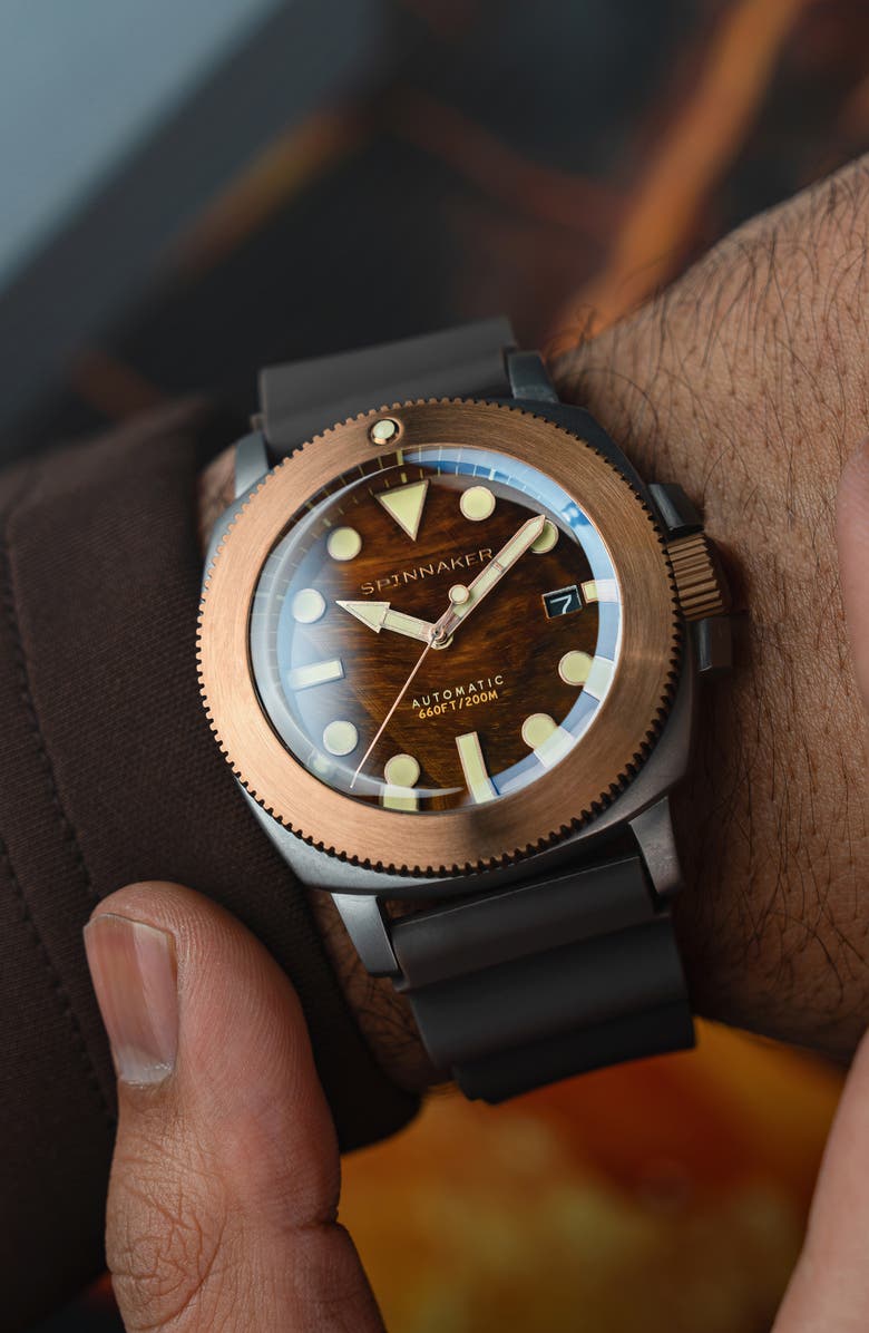 SPINNAKER Hull Titanium Bronze Automatic Lapidary Tiger's Eye Silicone Strap Watch, 42mm, Alternate, color, 