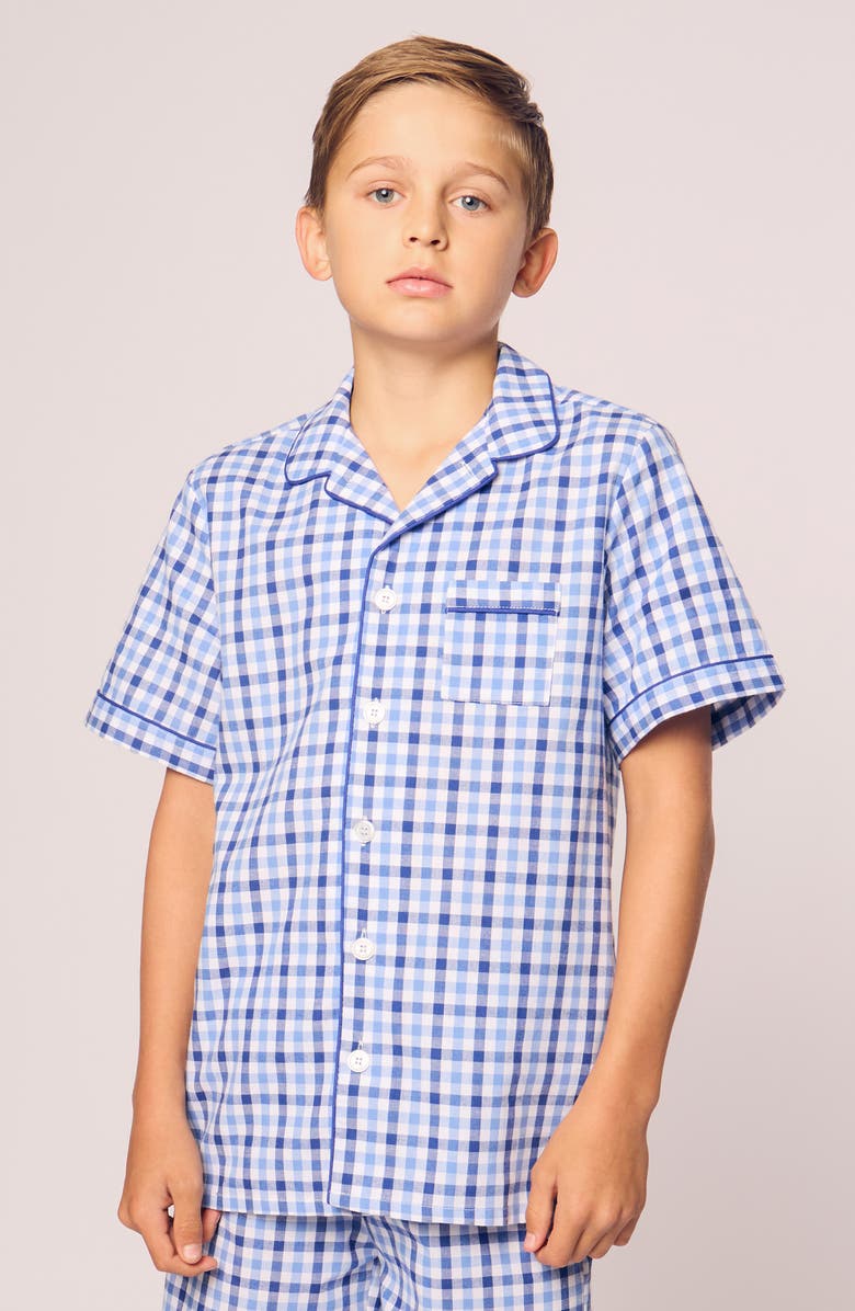 Petite Plume Kids' Gingham Cotton Blend Twill Two-Piece Short Pajamas, Alternate, color, Blue