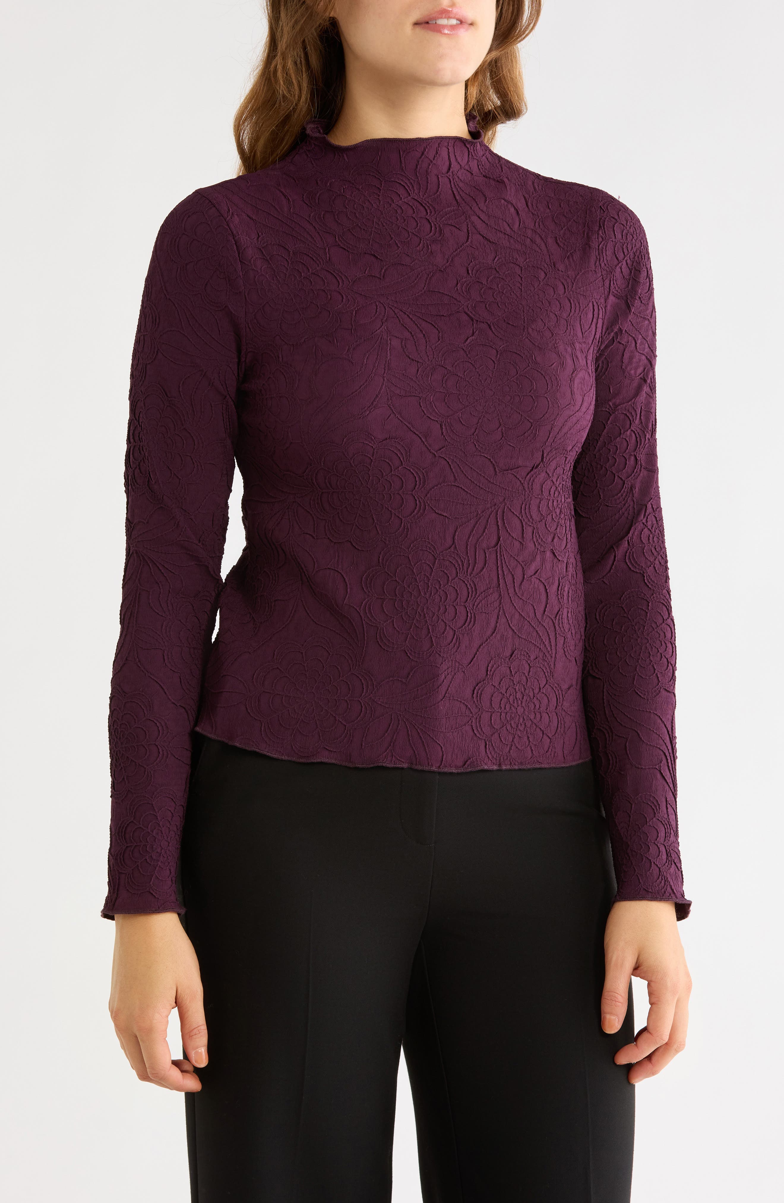 Floral Textured Mock Neck Top