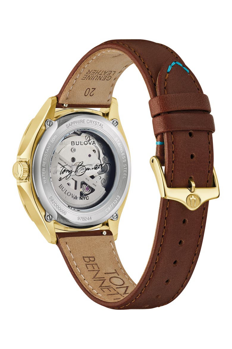 Tony Bennett NYC Automatic Leather Strap Watch, 39mm, Alternate, color, BROWN